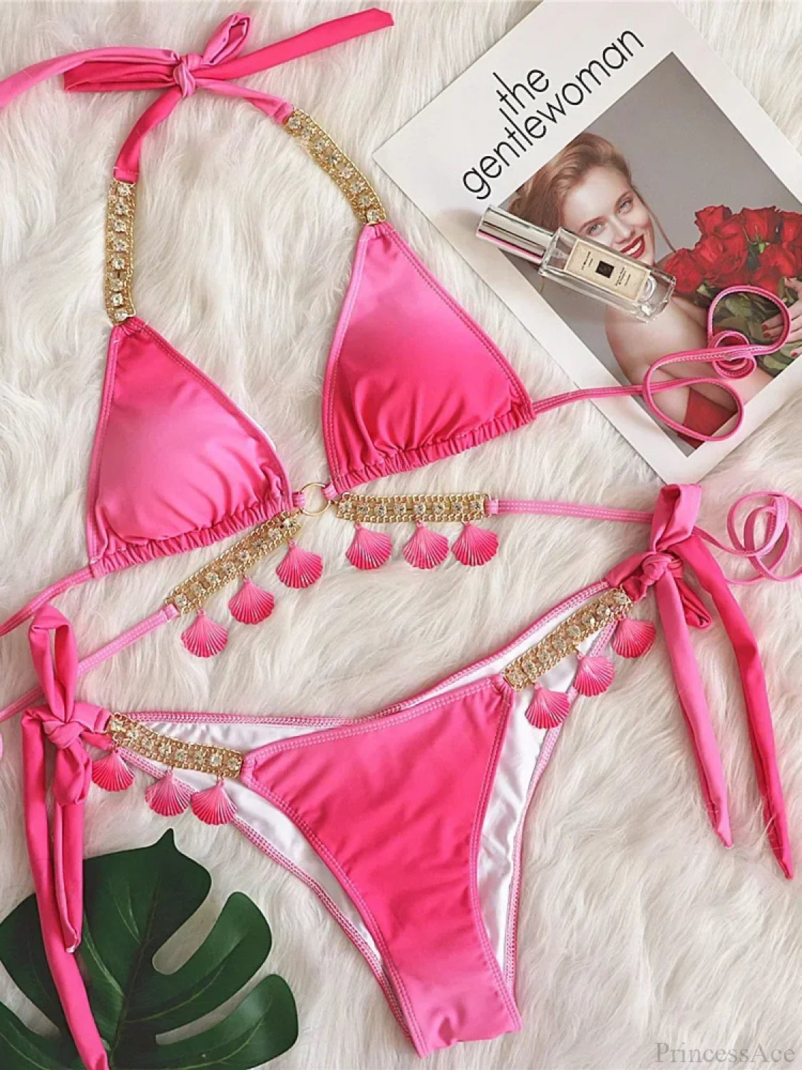 Metal Chains Wrap Around Bikini Set Red / S