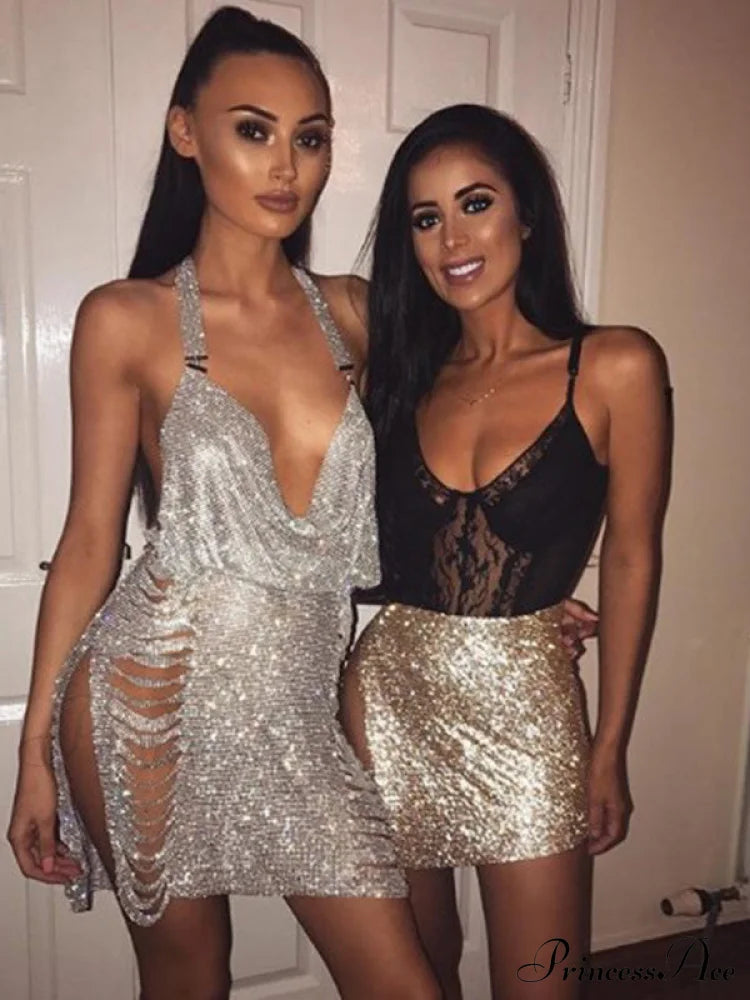 Metal Diamond Nightclub Sexy Backless Flash Dress M / Black Sequin Dress