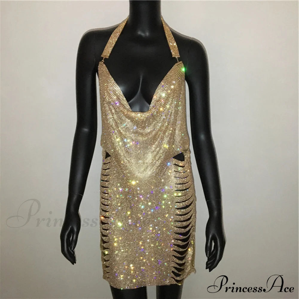 Metal Diamond Nightclub Sexy Backless Flash Dress M / Gold Sequin Dress