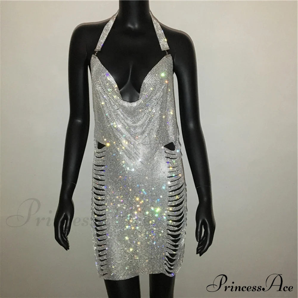 Metal Diamond Nightclub Sexy Backless Flash Dress M / Silver Sequin Dress