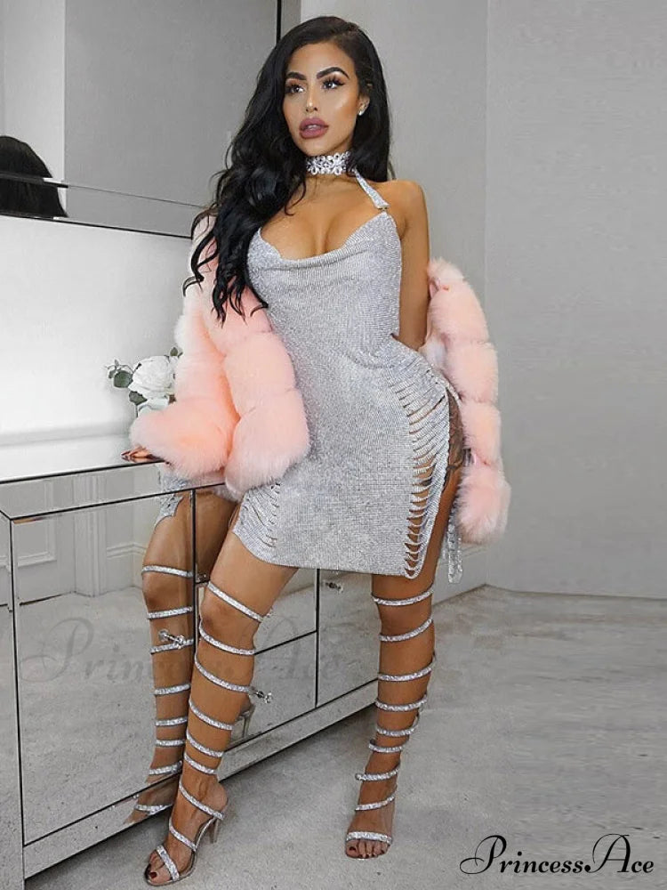 Metal Diamond Nightclub Sexy Backless Flash Dress S / Black Sequin Dress