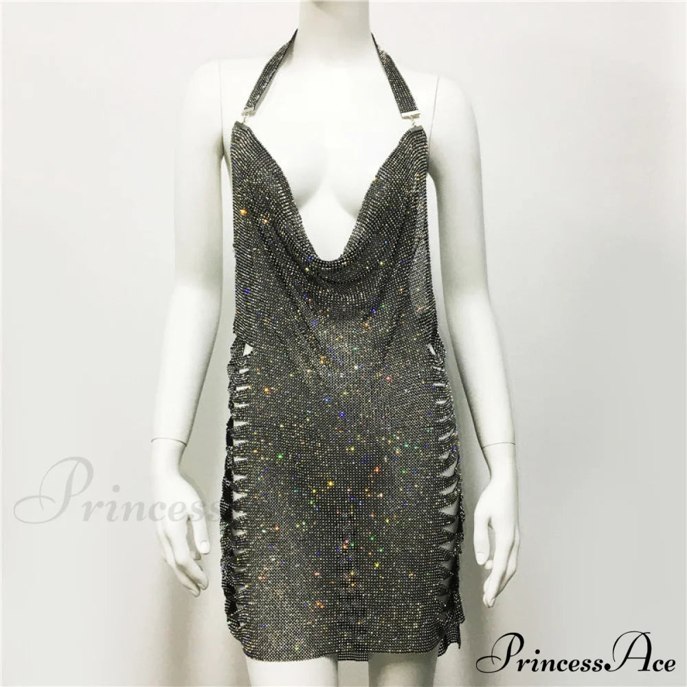 Metal Diamond Nightclub Sexy Backless Flash Dress S / Silver Sequin Dress