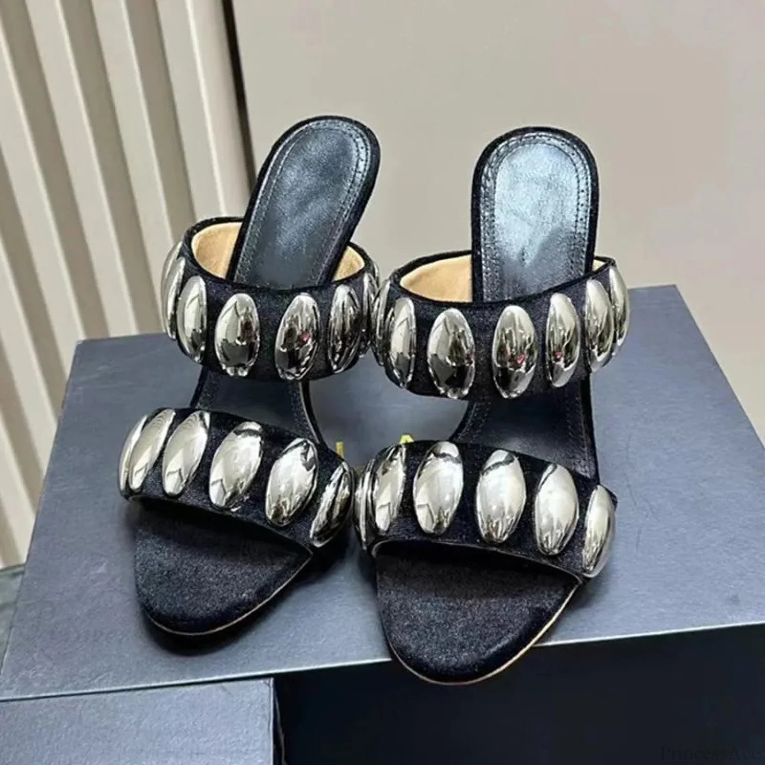 Metal Ornamental Gothic Suede Slippers Tall Heel