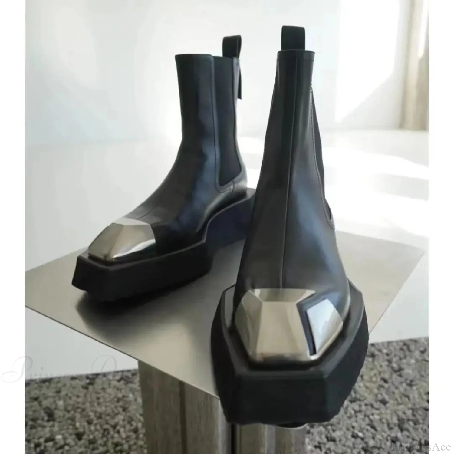 Metal Square Toe Elevated Chelsea Gothic Short Boot Black / 35