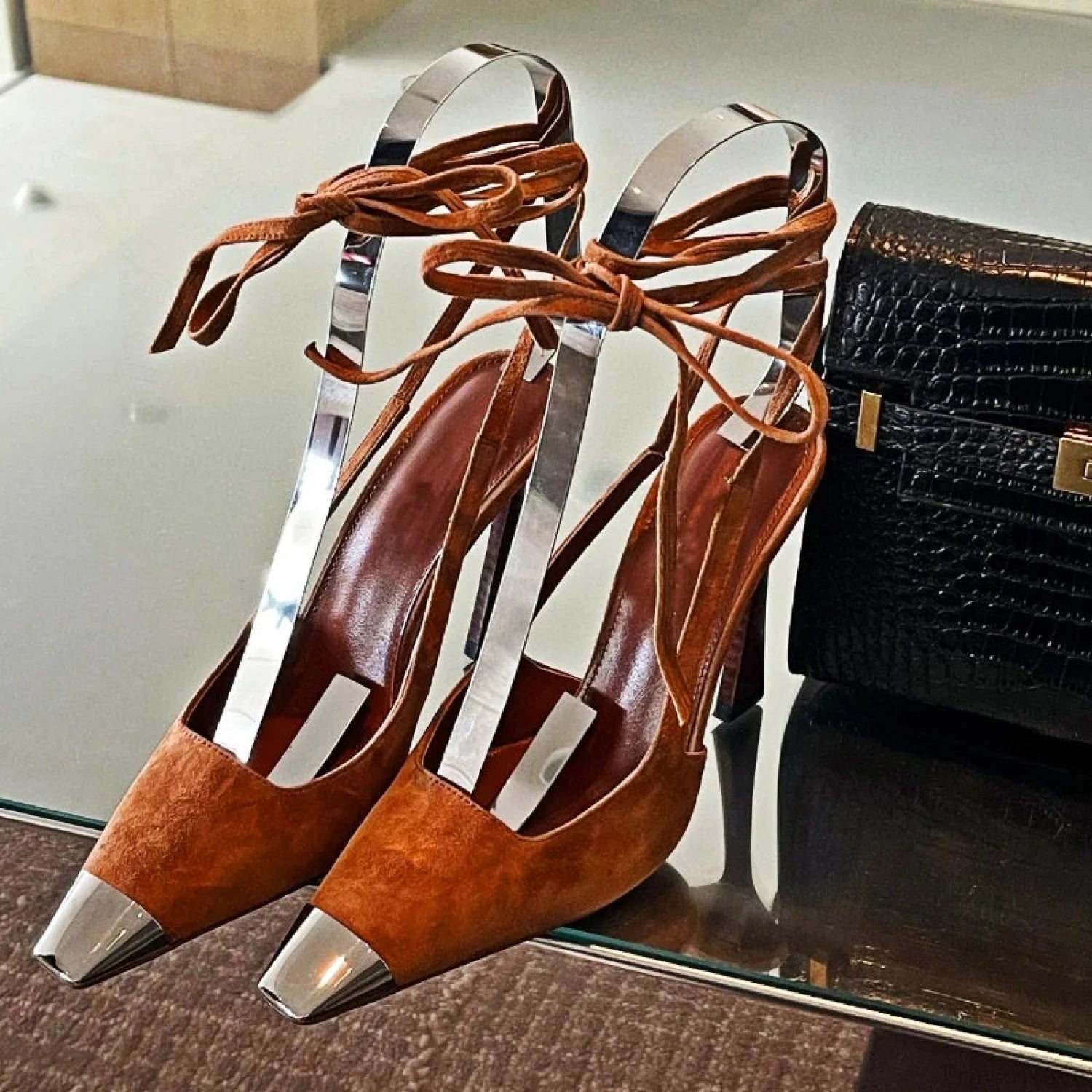 Metal Square Toe Retro Suede Cross Straps Gladiatorfashion Sexy Pumps High Heel