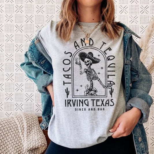 Mexican Skeleton Tacos Boho T-shirt Gray / S t-shirt-250223