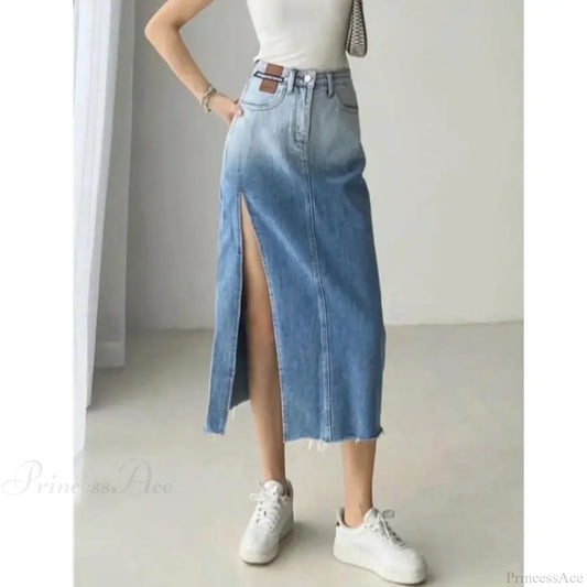 Mid-length Slit Denim Skirt Blue / S