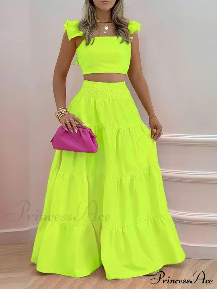 Mid Waist Swing Skirt And Career Two Piece Dress Suit S / Green Floral Two Piece Dress