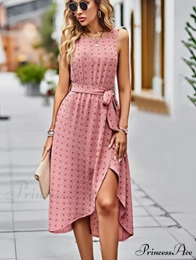 Midi Casual Crew Neck Boho Belt Sundress S / Green Green Ruffles Summer Dress