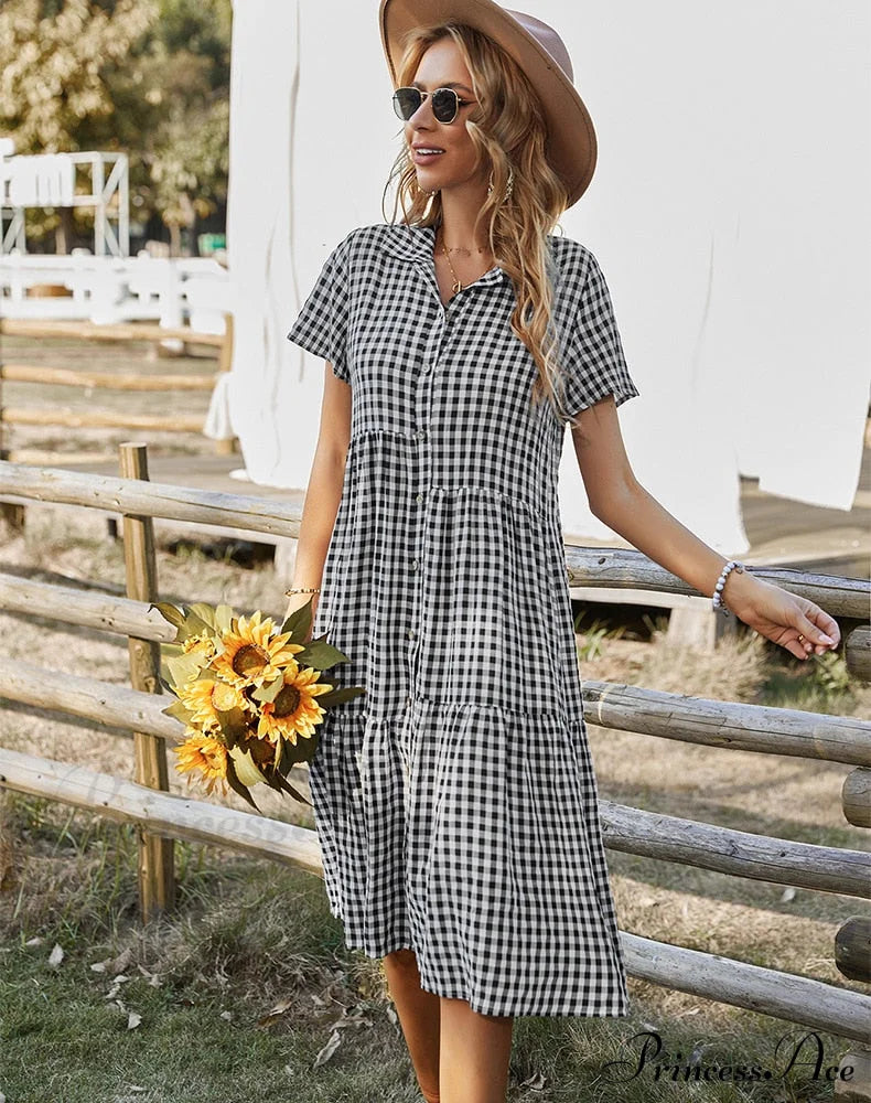 Midi Coastal Sundress Plaid Gown Casual Robe Blouse Vintage Warm-Season Bohemian Loose Women