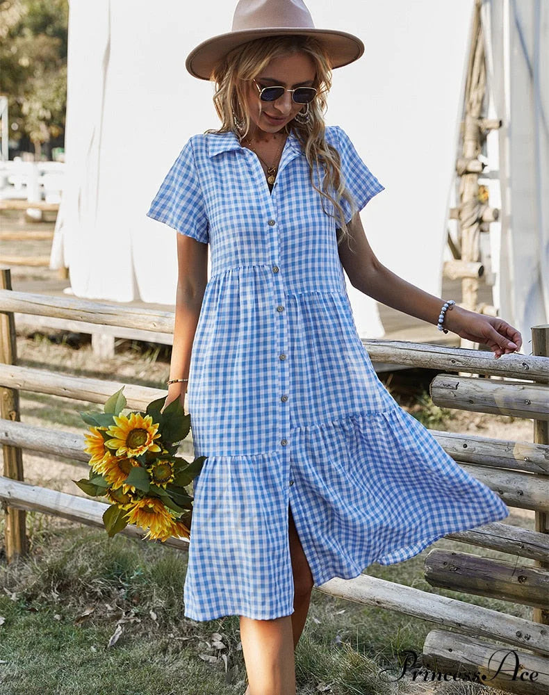 Midi Coastal Sundress Plaid Gown Casual Robe Blouse Vintage Warm-Season Bohemian Loose Women