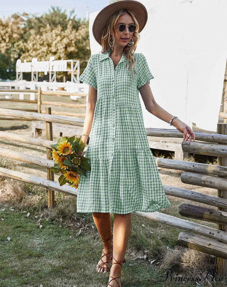 Midi Coastal Sundress Plaid Gown Casual Robe Blouse Vintage Warm-Season Bohemian Loose Women