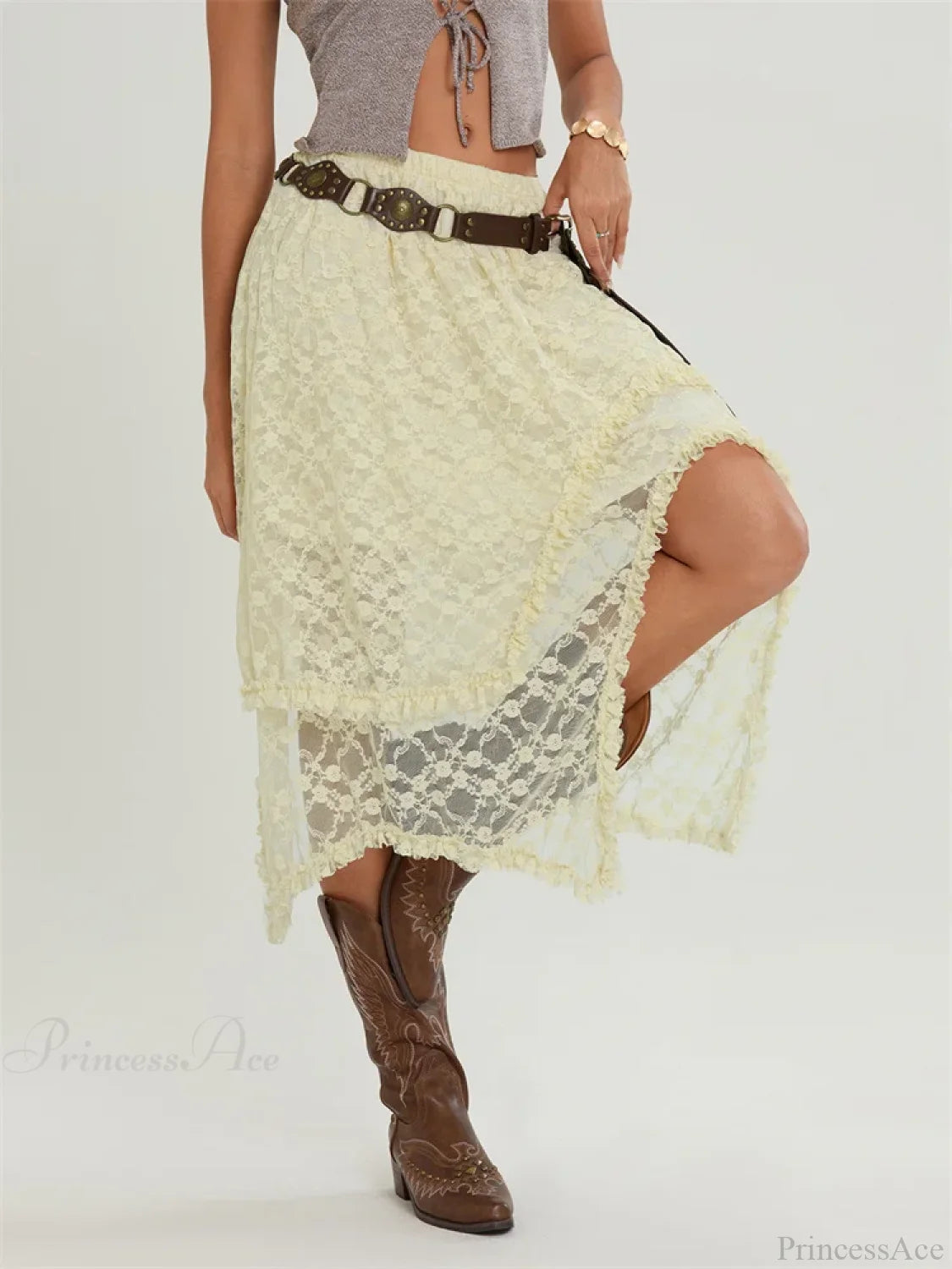 Midi Lace Floral Irregular Hem Elastic Waist Summer Skirt skirt-250126