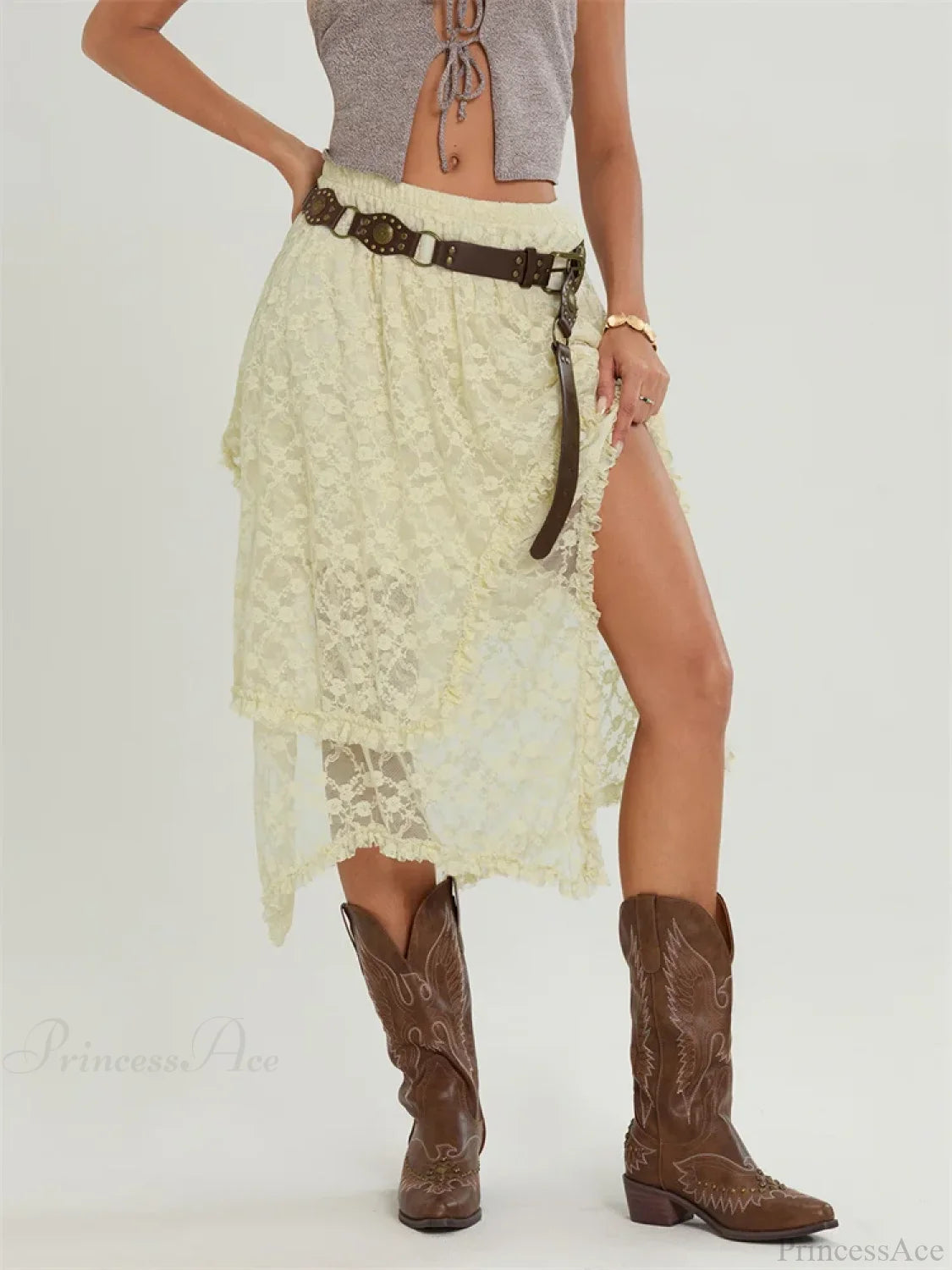 Midi Lace Floral Irregular Hem Elastic Waist Summer Skirt skirt-250126