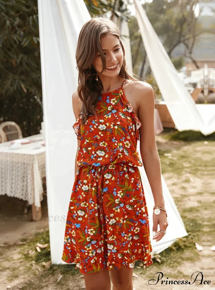 Mini Flowered Sleeveless Ruffles Dress M / Black Dresses