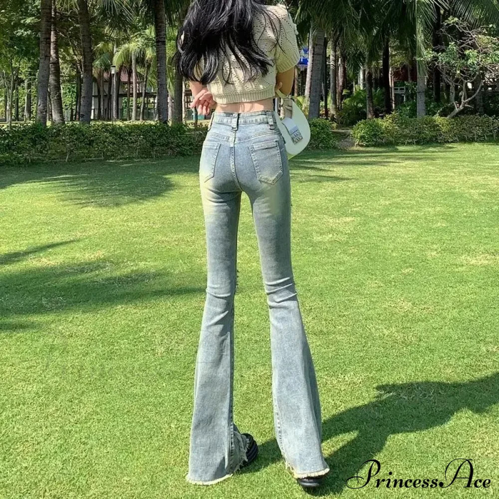 Minimalist Literary Versatile Japanese Dark Micro Flared High Waisted Fashion Jean