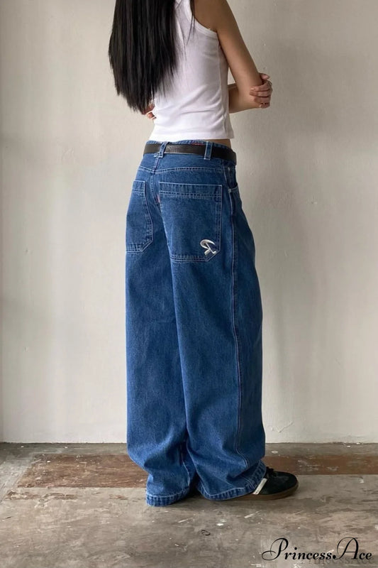Minimalist Pocket Embroidery Relaxed Wide Leg Jeans Dark blue / S