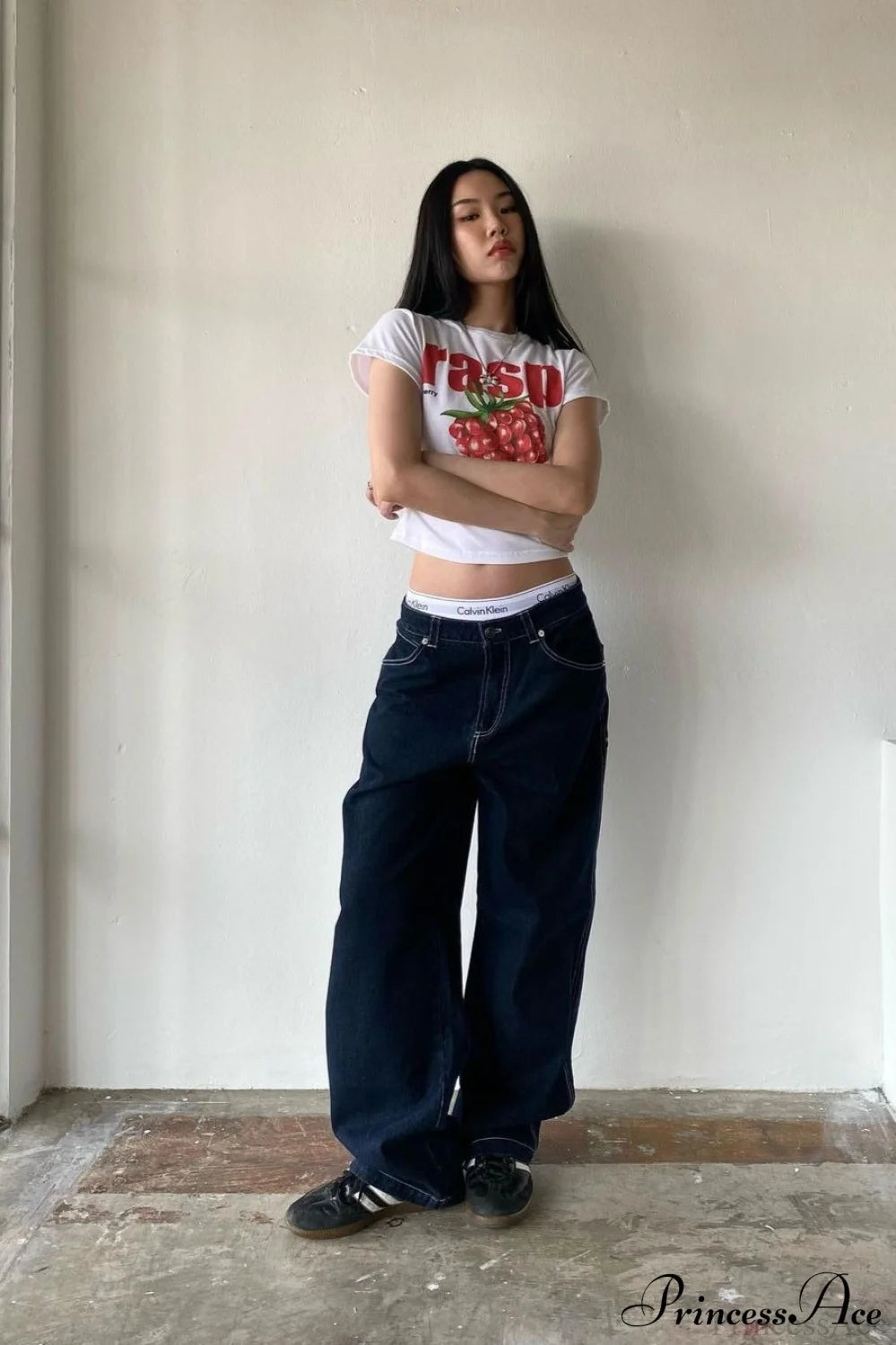 Minimalist Pocket Embroidery Relaxed Wide Leg Jeans Navy blue / S