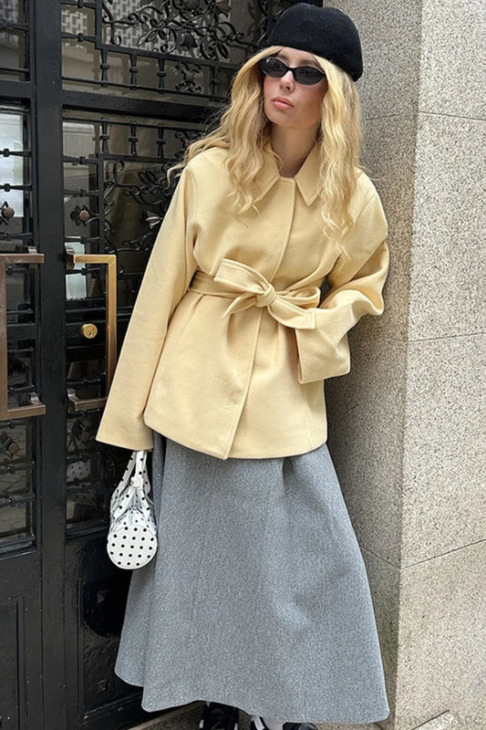 Minimalist Solid Color Tie Waist Mid-Length Coat
