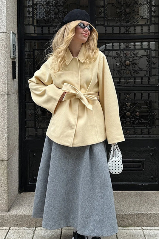 Minimalist Solid Color Tie Waist Mid-Length Coat Yellow / S