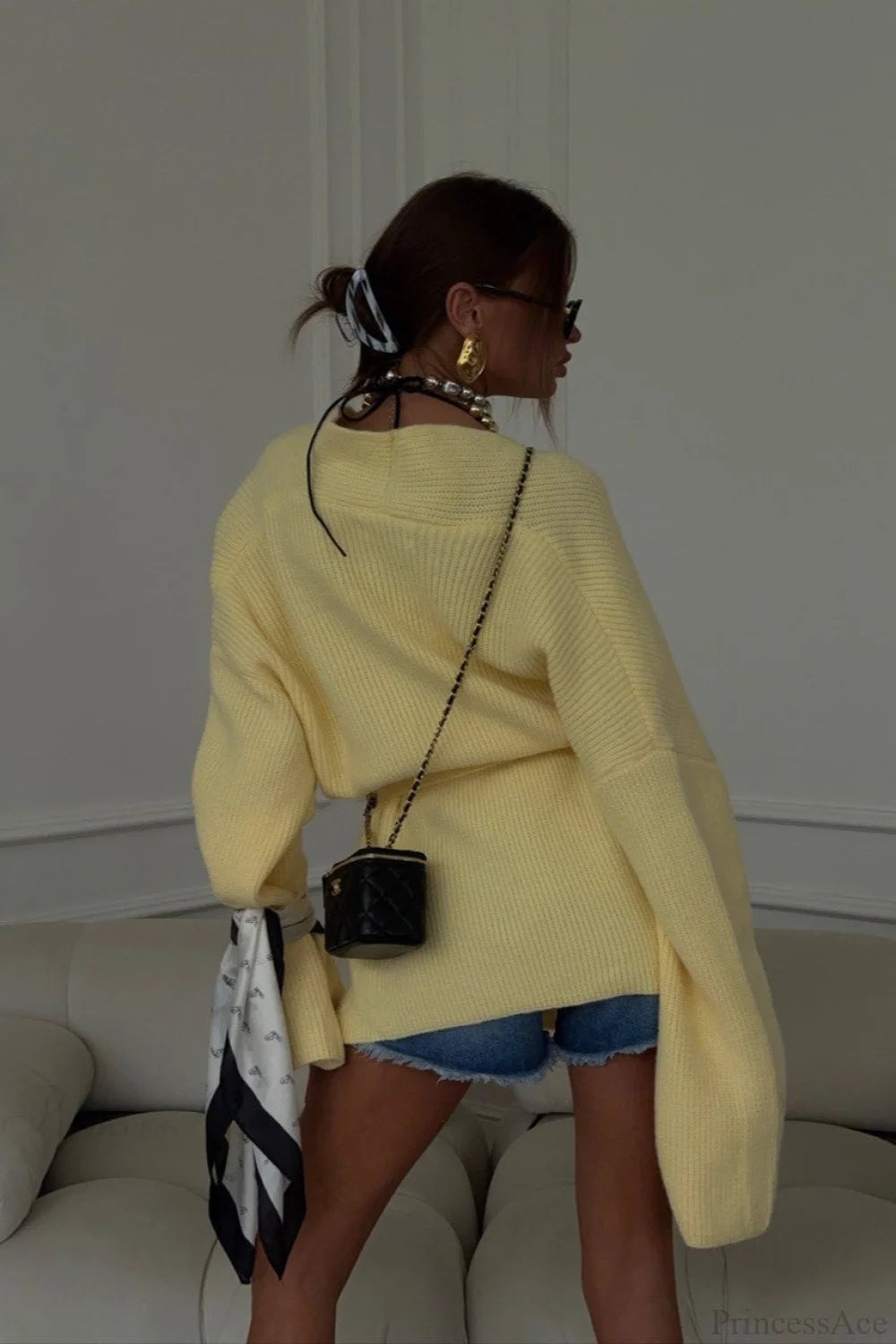 Minimalist Solid Mid-Length Knit Tie-Waist Blouse