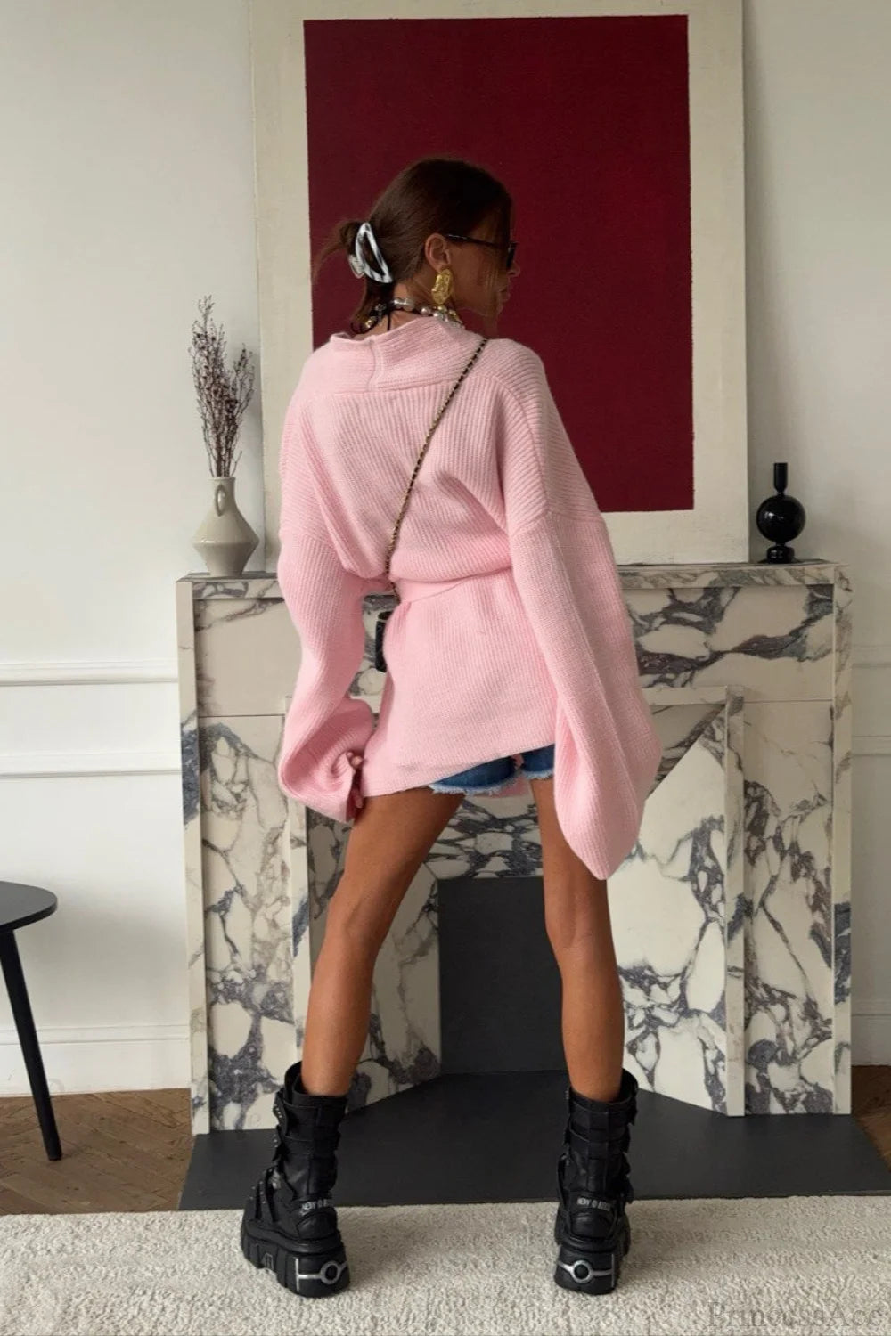 Minimalist Solid Mid-Length Knit Tie-Waist Blouse