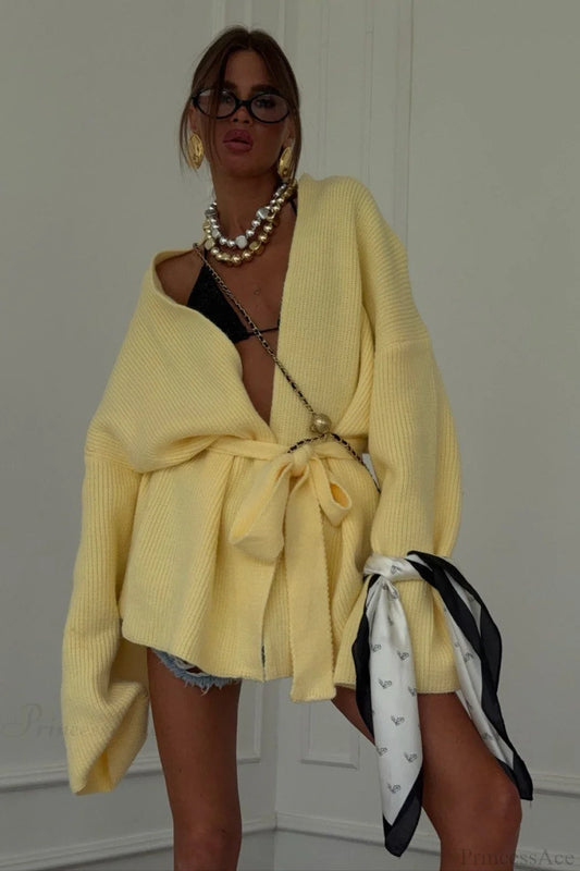 Minimalist Solid Mid-Length Knit Tie-Waist Blouse Yellow / S