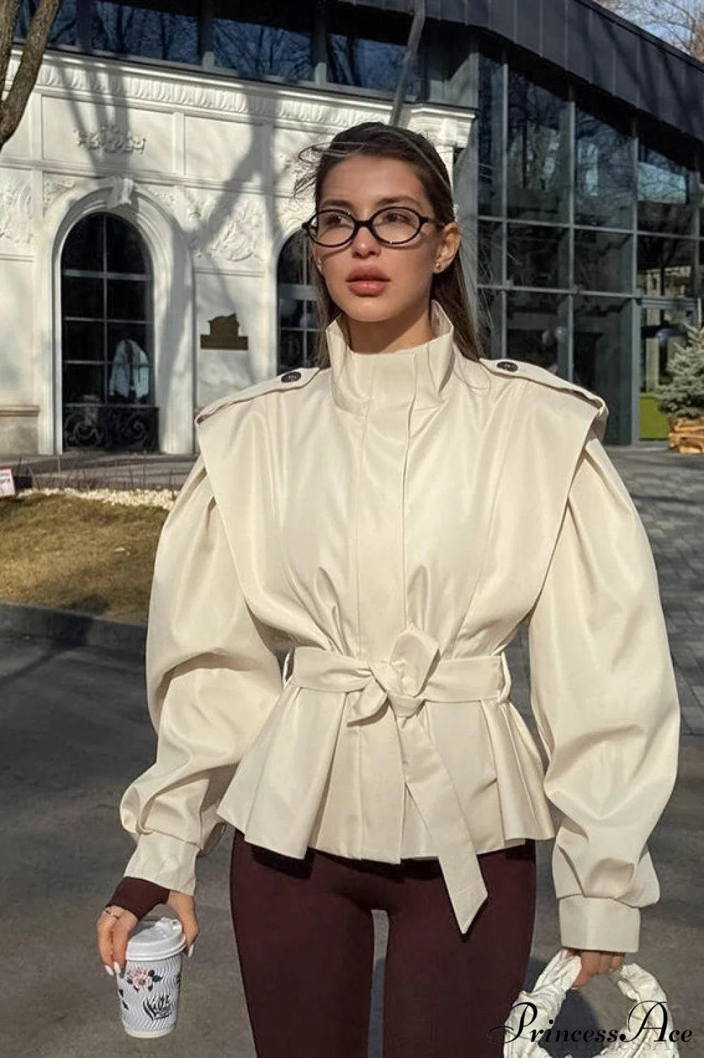 Minimalist Waist Tie Collar Long Sleeve Trench Coat Apricot / S