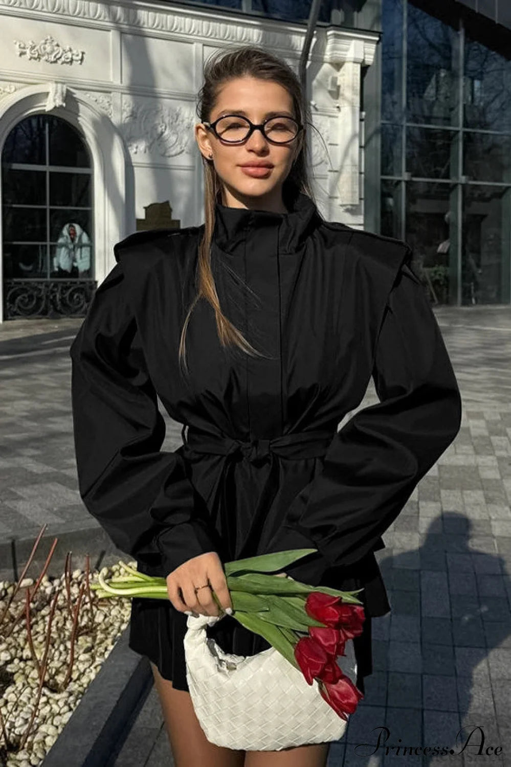 Minimalist Waist Tie Collar Long Sleeve Trench Coat Black / S