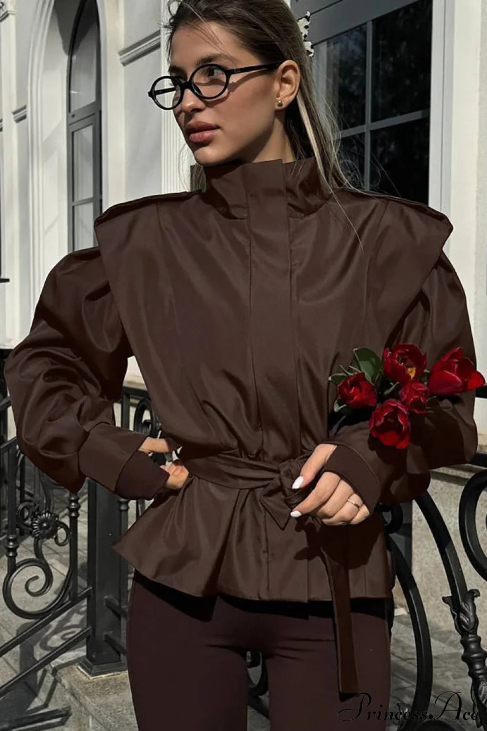 Minimalist Waist Tie Collar Long Sleeve Trench Coat Brown / S