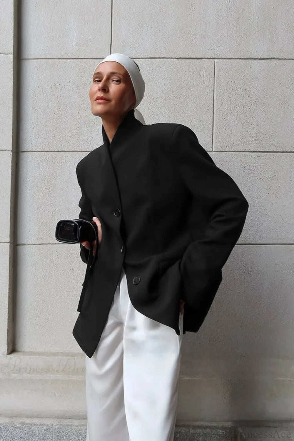 Minimalist White V-Neck Elegant Relaxed Coat Black / S