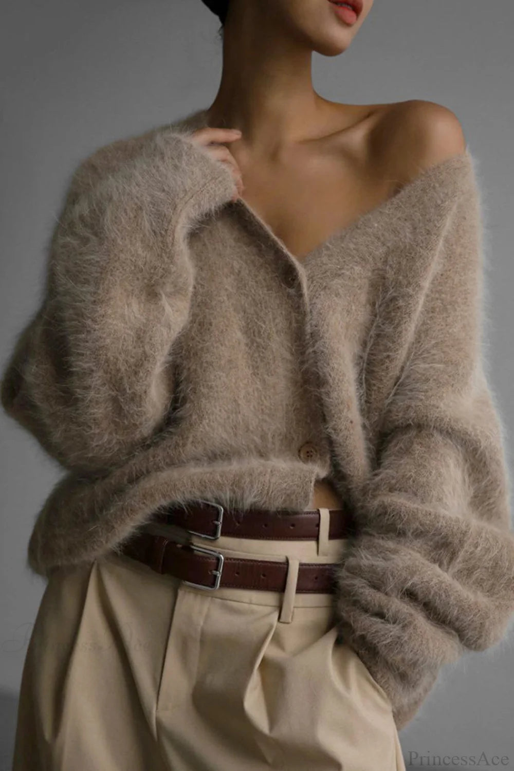 Mink Hair V Faux Neck Cardigan Khaki / M Cardigans