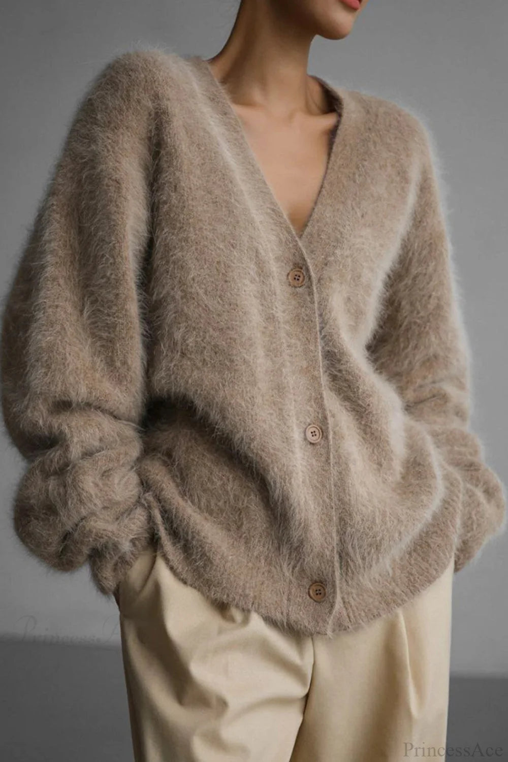 Mink Hair V Faux Neck Cardigan Khaki / S Cardigans