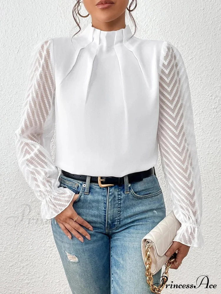 Mock Neck Flounce Fashionable Sheer Sleeve Blouse White A@X@E blouse clothes long sleeve shirt long sleeve shirts long sleeve top long sleeve tops mock neck Ship From Overseas Shipping Delay 09/29/2023 - 10/04/2023 shirt shirts top tops trend