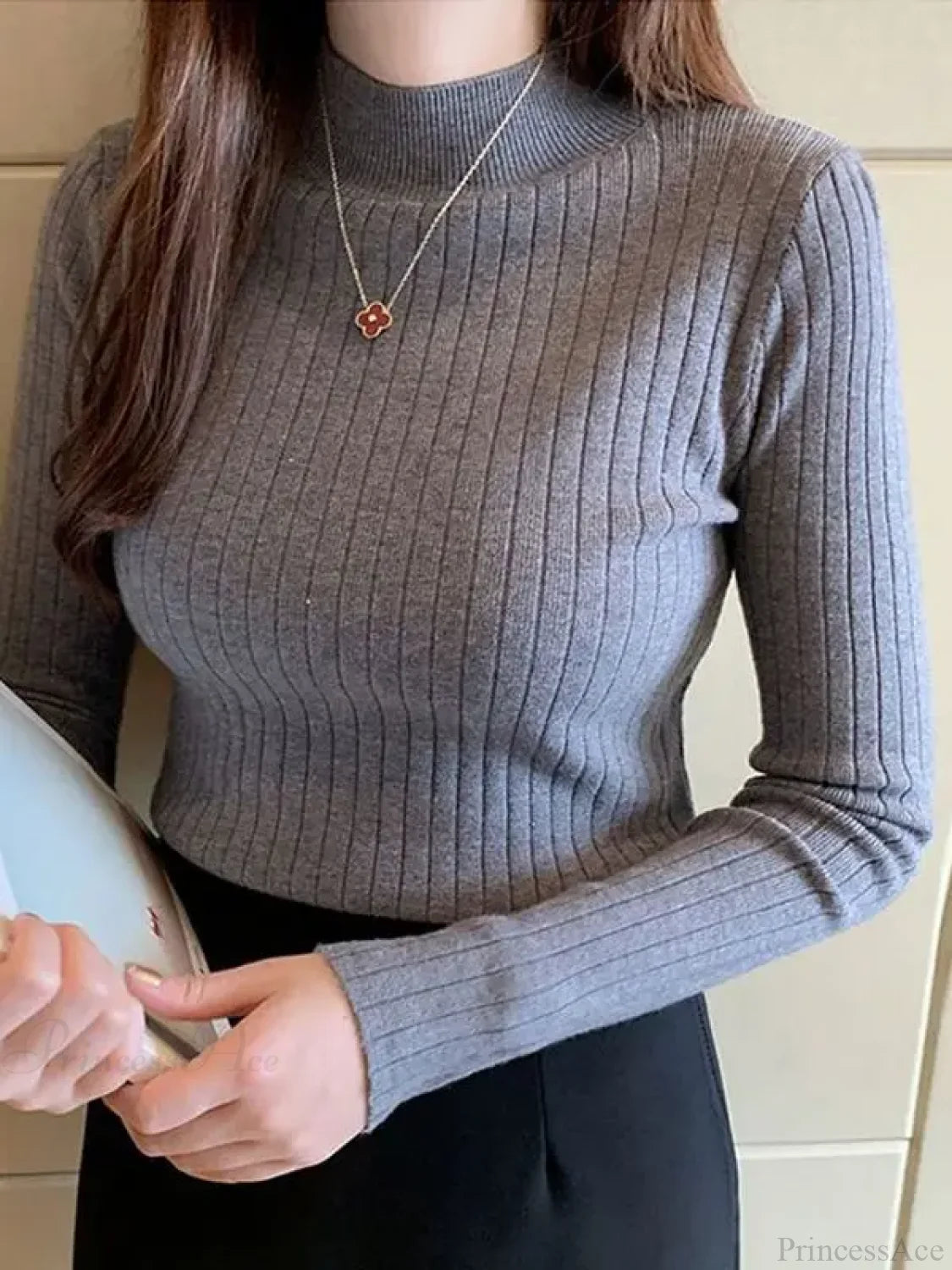 Mockneck Solid Cashmere Pullover Elegant Knit Top GREY / One Size knittop-250126