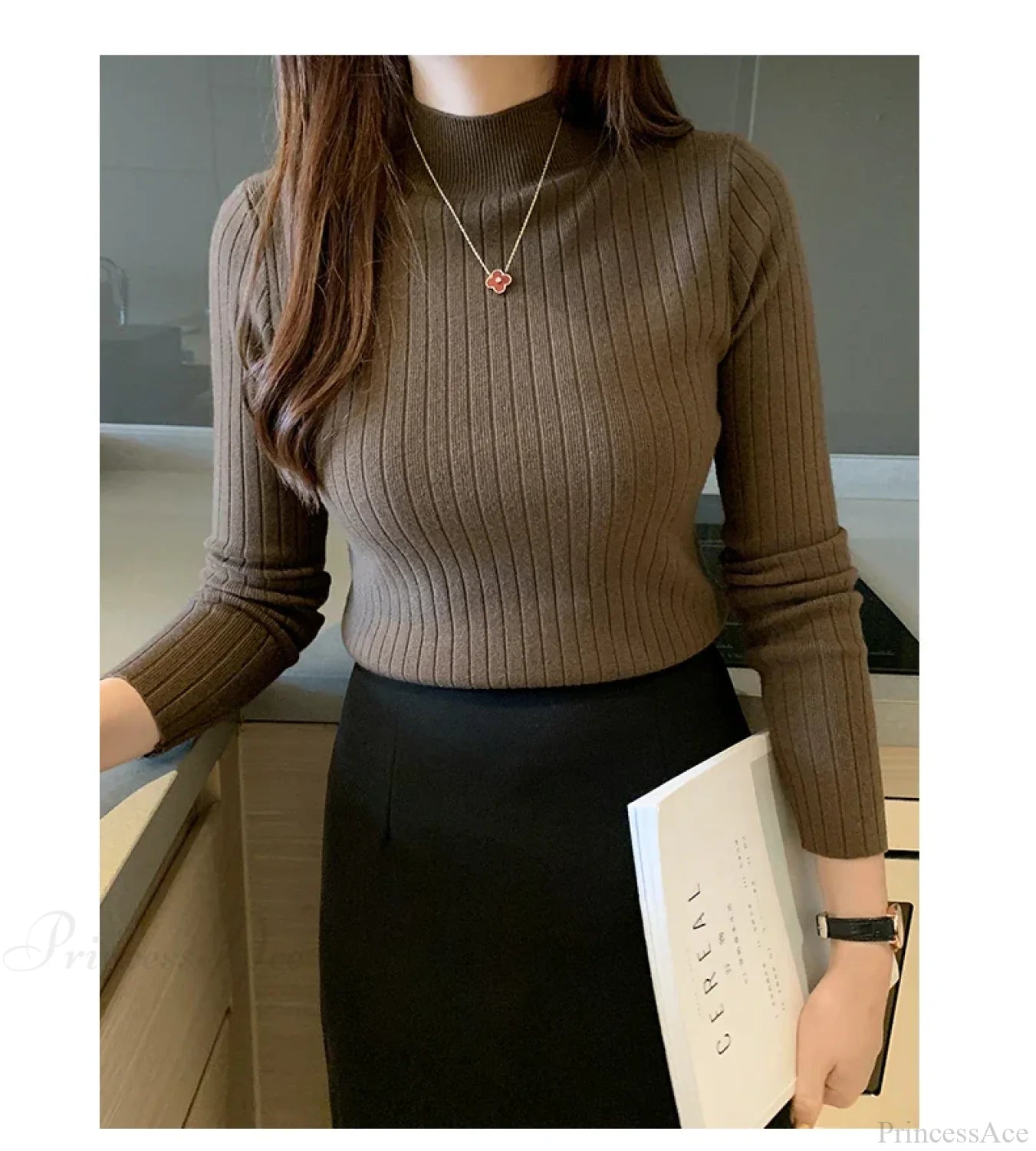 Mockneck Solid Cashmere Pullover Elegant Knit Top knittop-250126