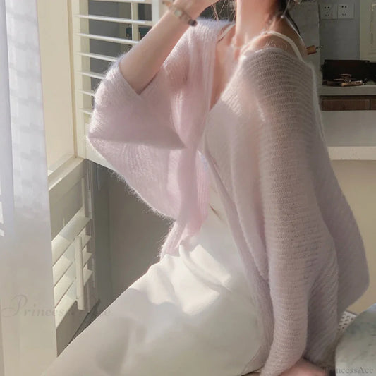 Mohair Knitted Sun Protection Loose Knit Cardigan pink / One Size cardiagn-250126