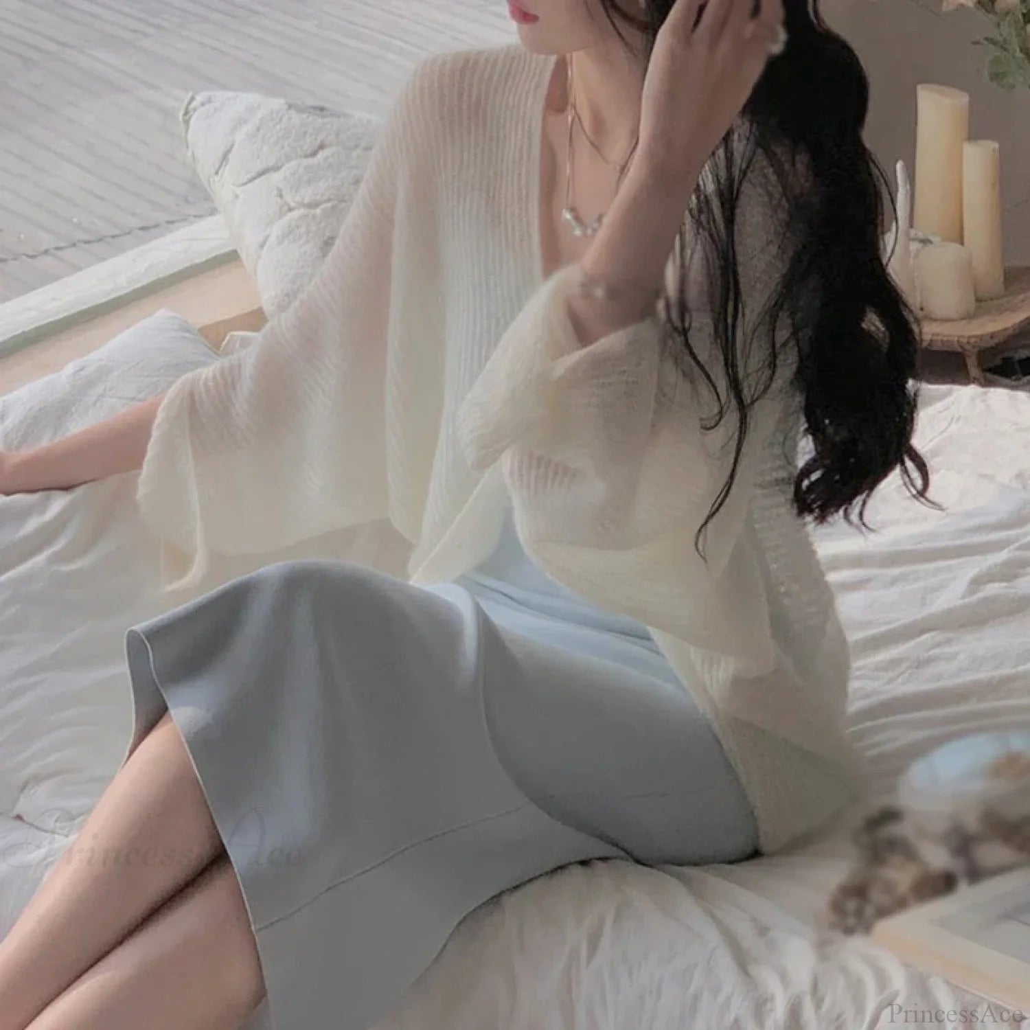 Mohair Knitted Sun Protection Loose Knit Cardigan white / One Size cardiagn-250126