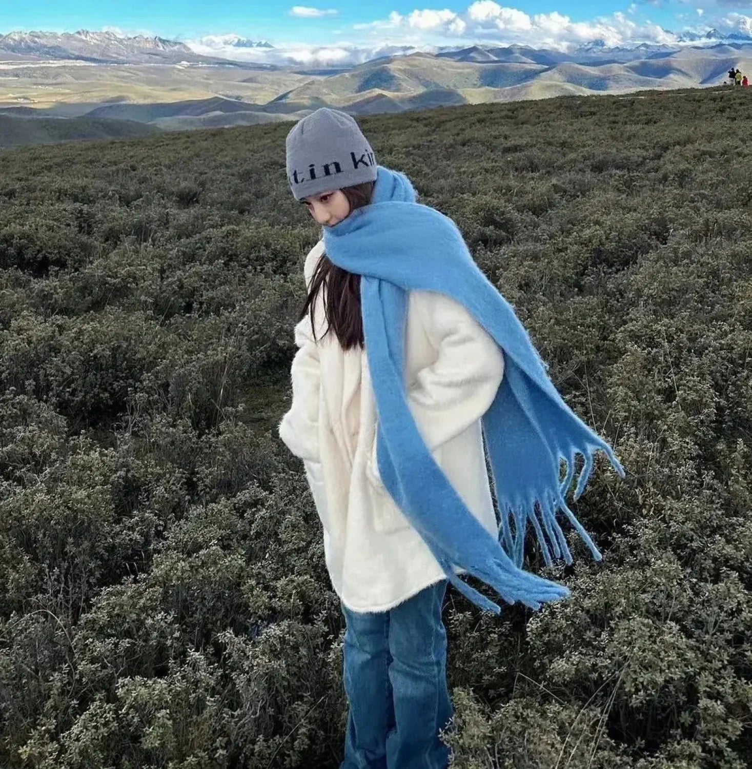 Mohair Winter Scarf - Solid Color Thickened Wool Fringed Color Blue Scarfs-L