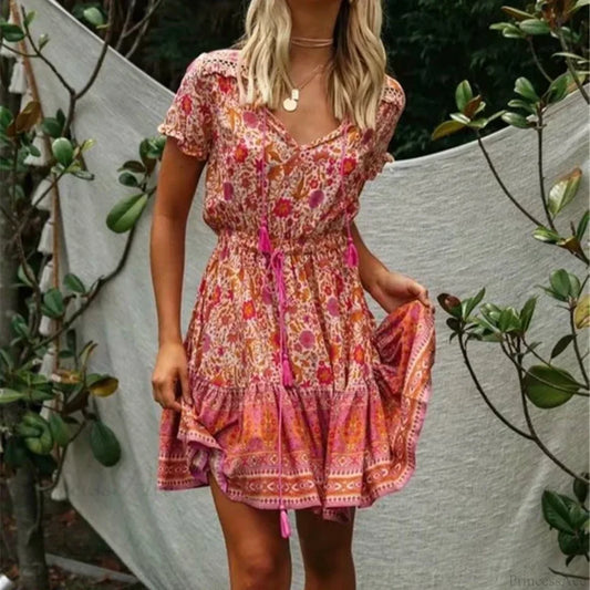 Multi Floral Print V-neck Half Sleeve Loose Mini Boho Dress Pink / S bohodress-250126
