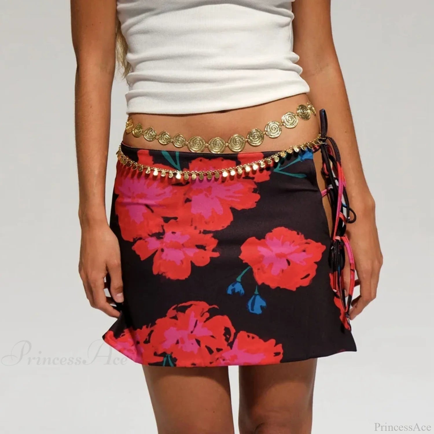 Multi-wear style Floral Print Mini Skirt Crop Tops Women Slim Low Waist Side Split Tie-Up Bodycon Skirt Y2K Vintage