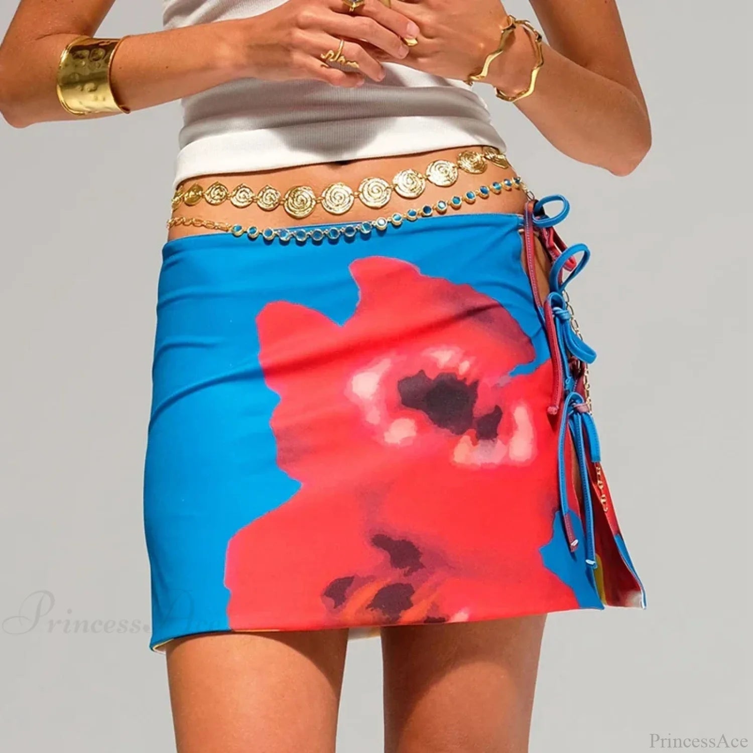 Multi-wear style Floral Print Mini Skirt Crop Tops Women Slim Low Waist Side Split Tie-Up Bodycon Skirt Y2K Vintage