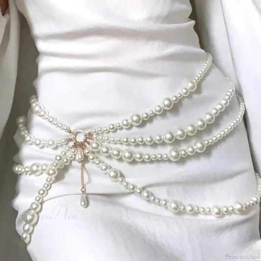 Multilayer Gothic Pearl Waist Chain Belt white