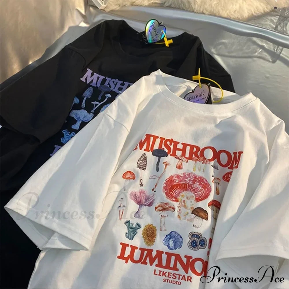 Mushroom Luminous Stylish Printed Tee Letter Print Cotton Tees