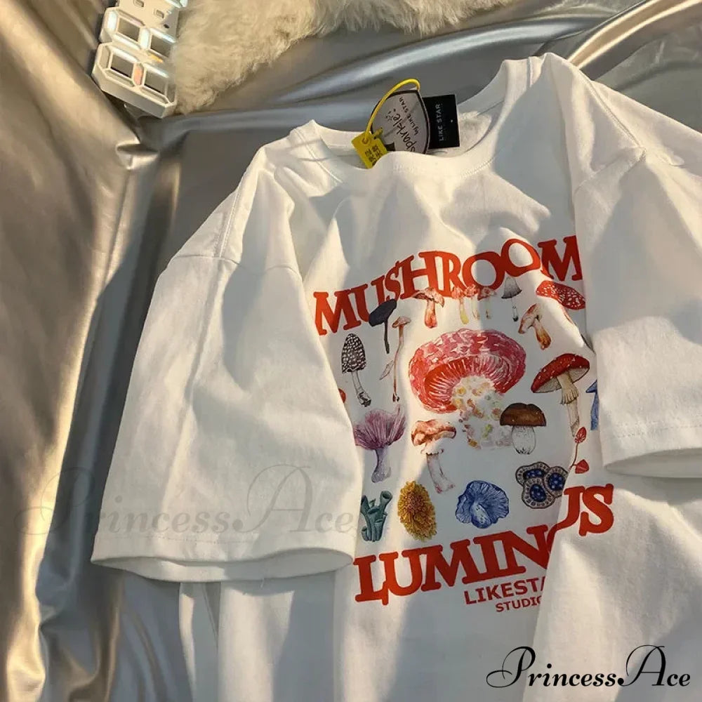 Mushroom Luminous Stylish Printed Tee Letter Print Cotton Tees