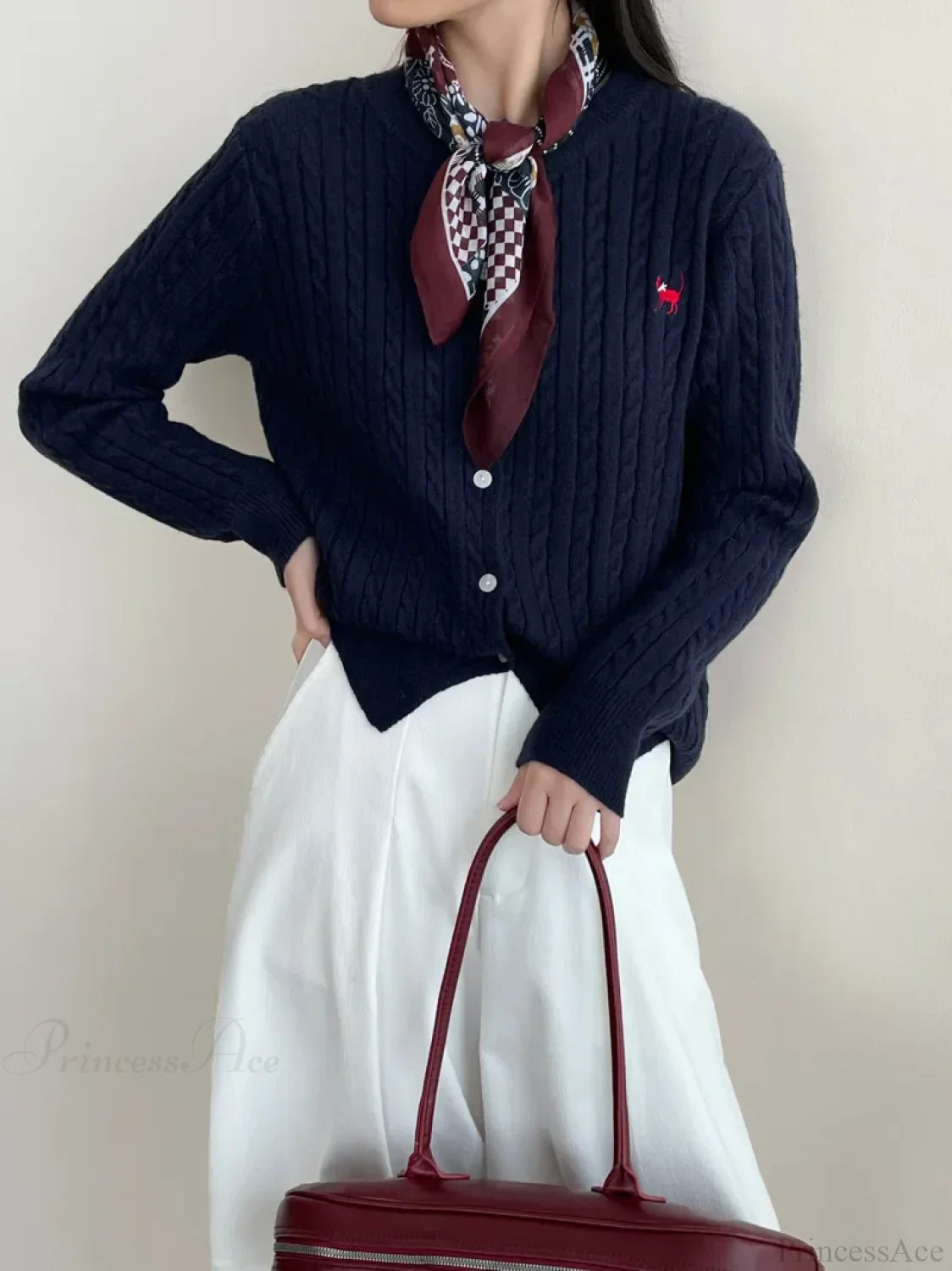 Navy Blue Cable Knit Cartoon Embroidered Trendy Cardigan Christmas Sweater Sweaters-L