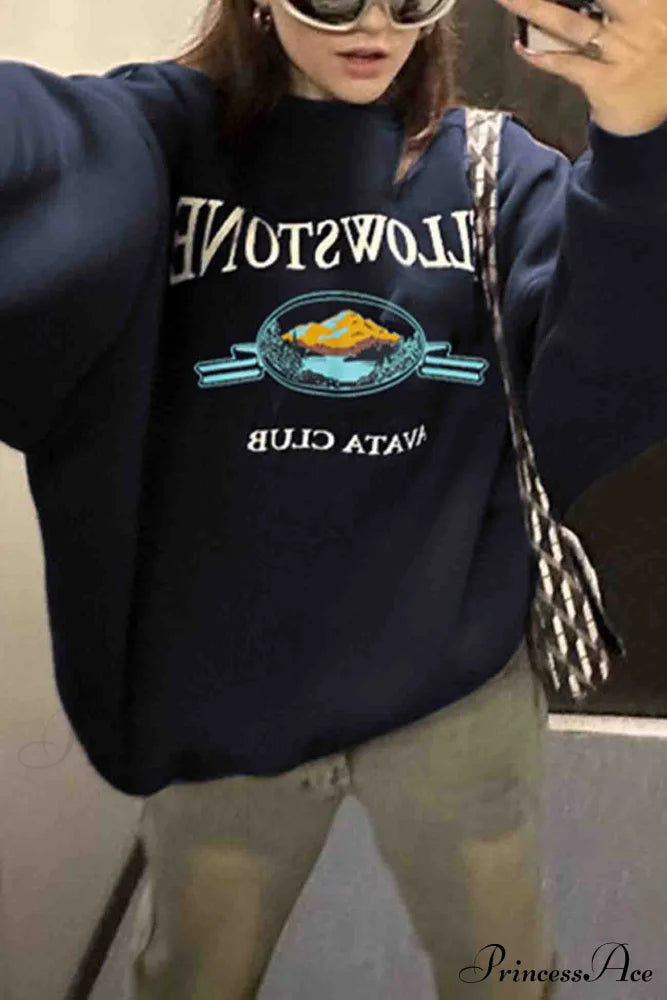 Navy Blue Crew Neck Long Sleeve Sweatshirt With Print Sweatshirts