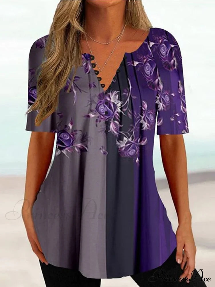 Navy Fit Flowered Women’s In Brief Blue Painting Button Tunic White Sleeve Regular Neck Black