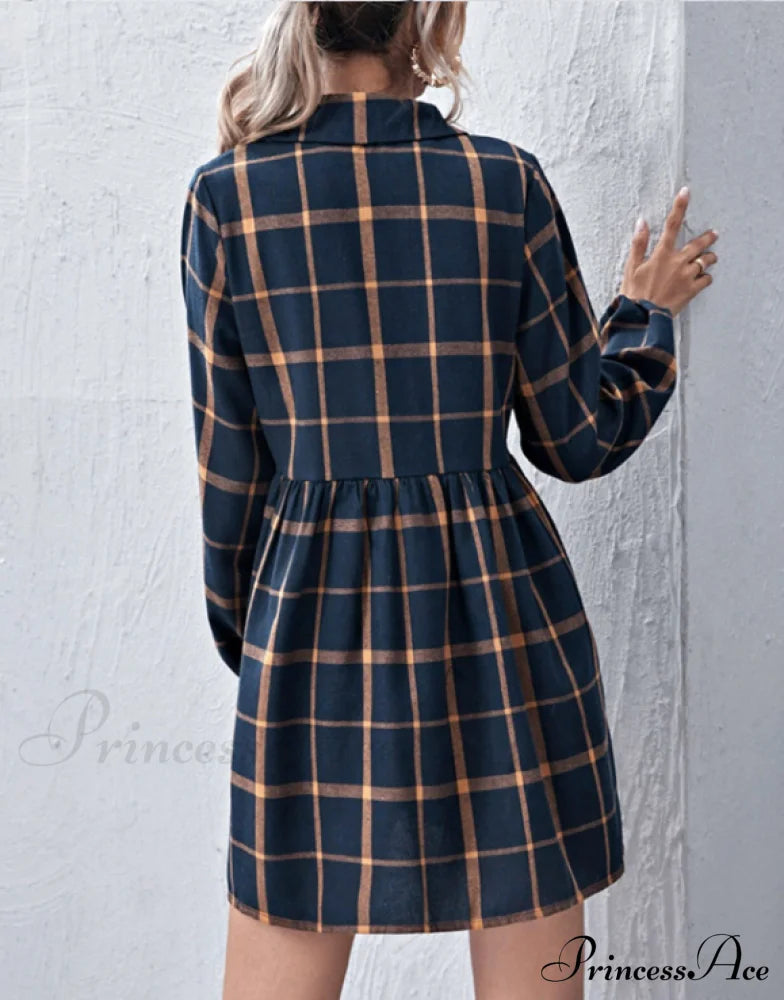 Navy V Neck Plaid Prints Buttons Casual Sweet Dress For Women Dresses
