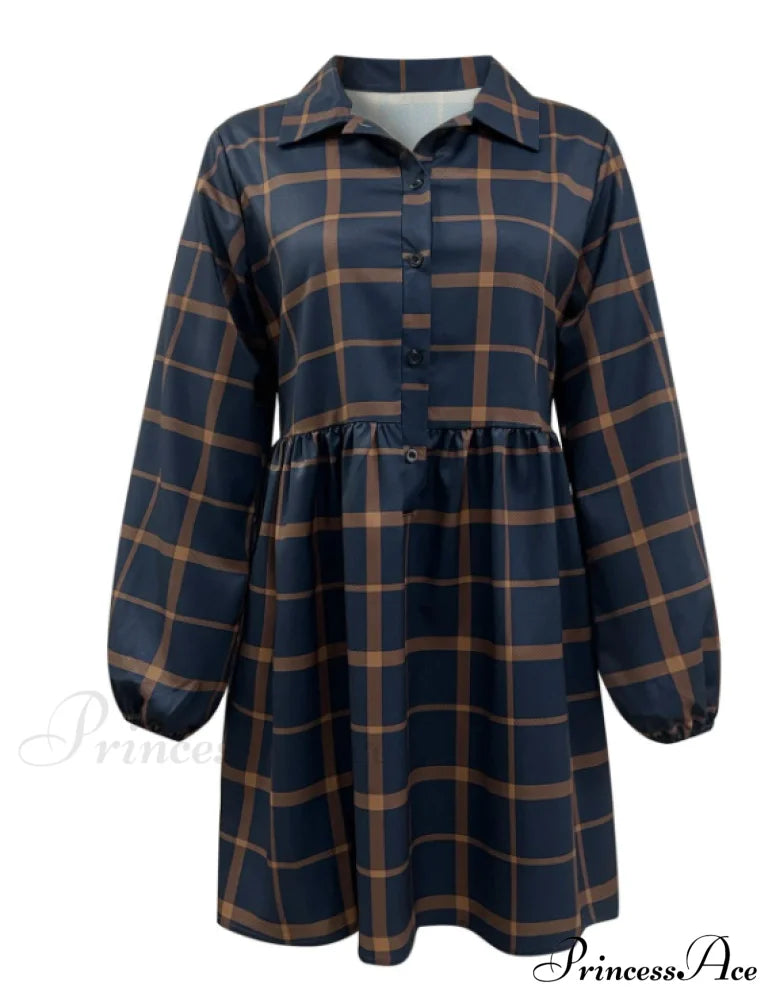 Navy V Neck Plaid Prints Buttons Casual Sweet Dress For Women Dresses
